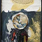 ›Der Dachdecker‹, 2005, Öl, Lack, Dispersion, Schiefer, Holz auf Teppichfliese, 63x44cm, 1800€